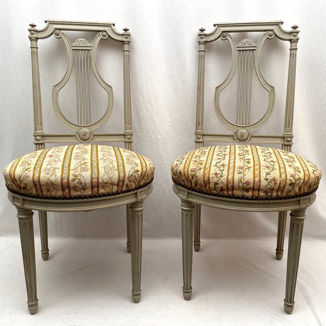 Pair Of Louis XVI Style Lyre Back Chairs, Grey Lacquered Wood