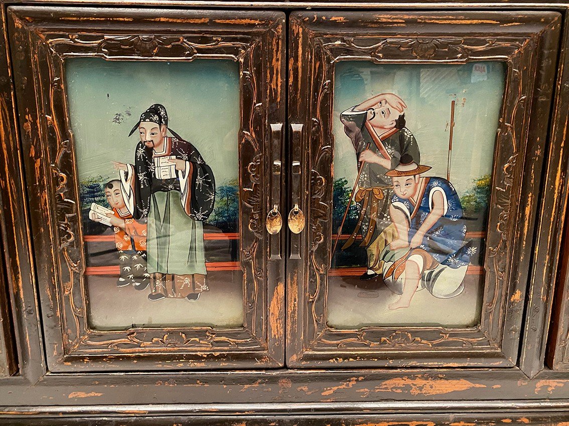 China Early 20th Century, Low Sideboard Opening With Four Doors Decorated With Glass Fixings-photo-3