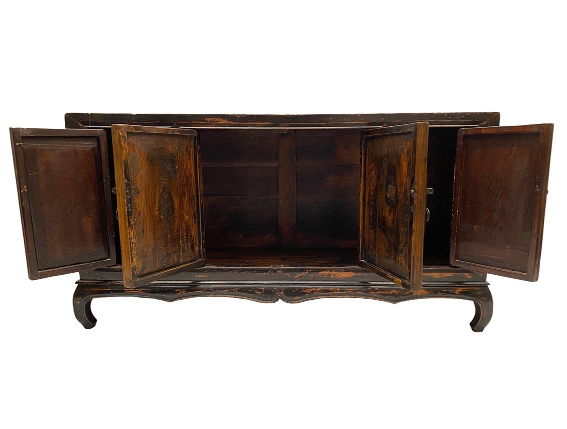 China Early 20th Century, Low Sideboard Opening With Four Doors Decorated With Glass Fixings-photo-5