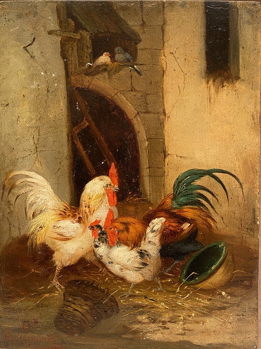 Claude Guilleminet (1821-1885). Farmyard Scene, Oil On Panel-photo-2