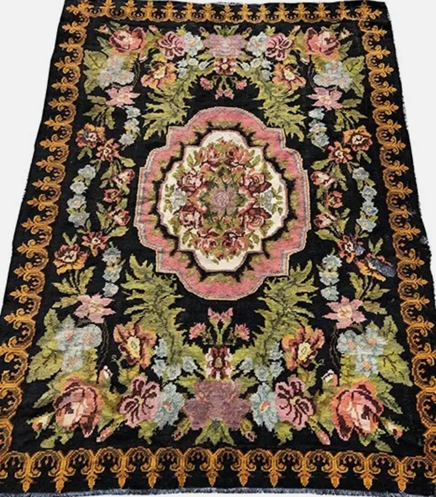 Grand Tapis Kilim Moldave Ancien, Laine Tissée à Décor De Fleurs-photo-2