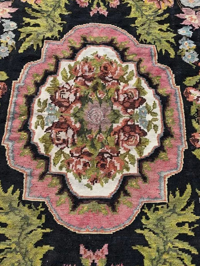 Grand Tapis Kilim Moldave Ancien, Laine Tissée à Décor De Fleurs-photo-3