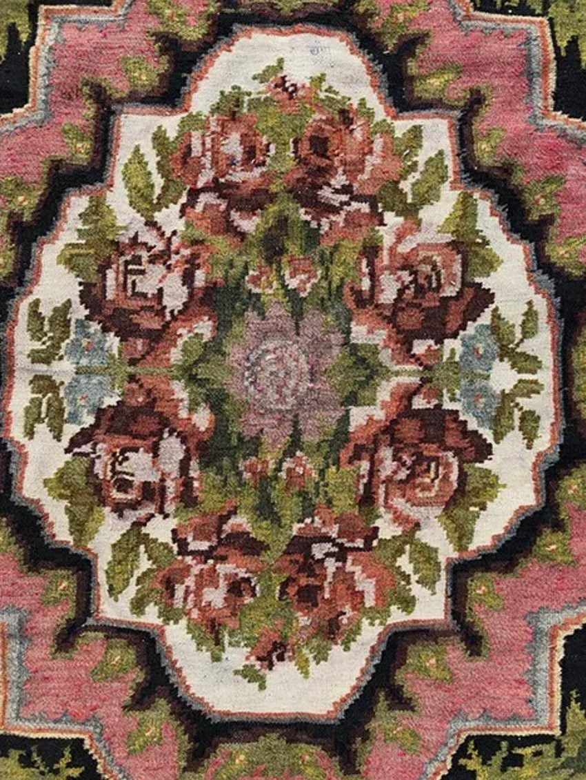 Grand Tapis Kilim Moldave Ancien, Laine Tissée à Décor De Fleurs-photo-4