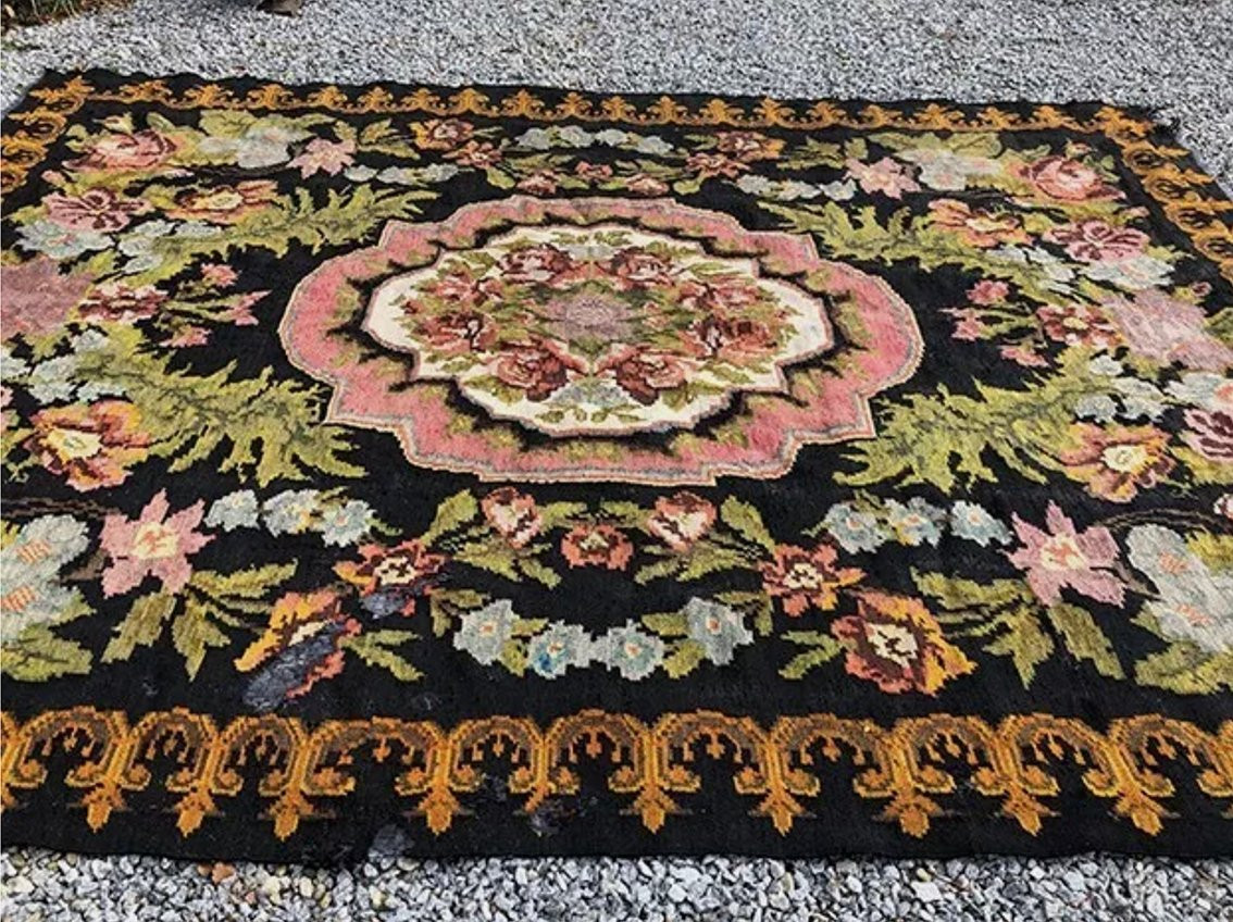 Grand Tapis Kilim Moldave Ancien, Laine Tissée à Décor De Fleurs-photo-2