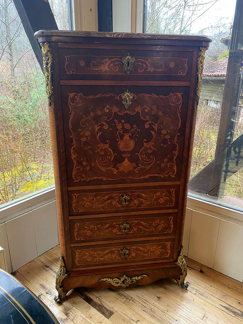 Inlaid Wooden Secretary With Marble Top. Napoleon III-photo-3