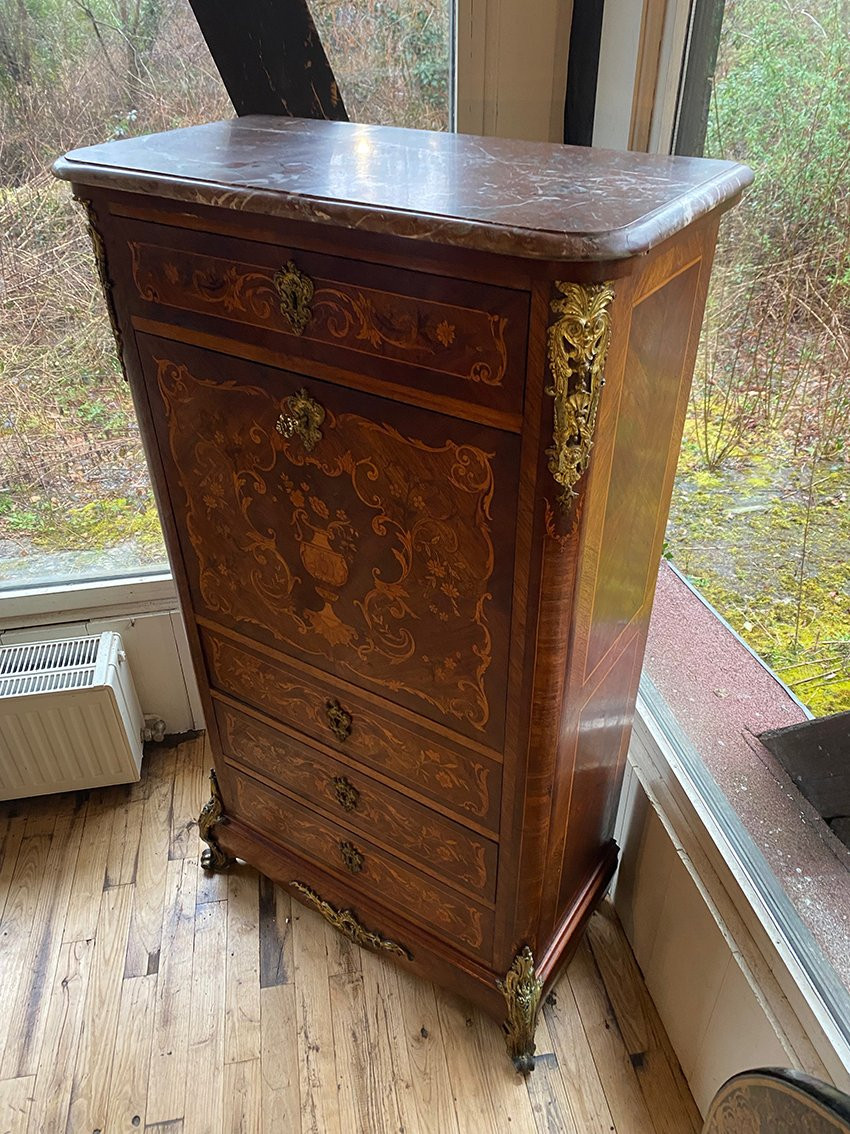 Inlaid Wooden Secretary With Marble Top. Napoleon III-photo-1