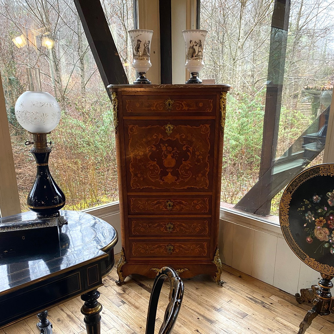 Inlaid Wooden Secretary With Marble Top. Napoleon III