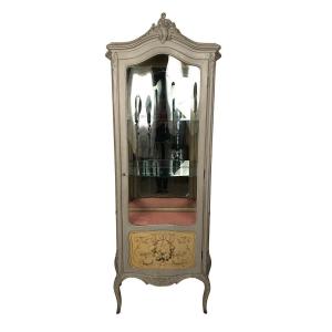 Vibrant Rocaille Style Showcase In Gray Lacquered Wood And Painted Flower Decor. Around 1900