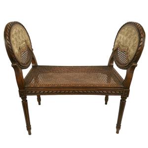 Small Louis XVI Style Natural Wood Bench With Cane Bottom