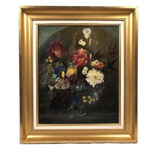 Ecole Française XIXe Huile Sur Toile, Bouquet De Fleurs Daté 1883