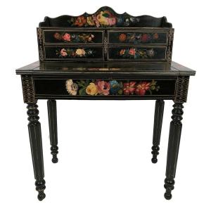 Bonheur Du Jour In Black Lacquered Wood With Rich Painted Decorations Of Flowers And Birds, Napoleon III