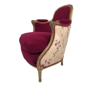 Bergère Armchair In Golden Wood Trimmed In Fuchsia Silk And Velvet, Art Deco Inspired Louis XVI
