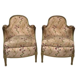 Pair Of Bergères In Golden Wood Trimmed With Silk, Louis XVI Inspired Art Deco