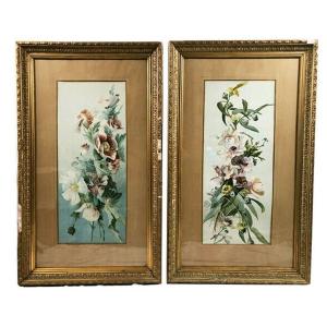Pair Of Large Watercolors. Bouquets Of Flowers Late 19th, Early 20th