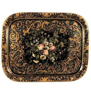 Large Tray In Painted Sheet Metal Decorated With Flowers On A Black Background, Napoleon III