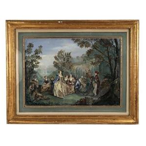 Party In The Garden, Framed Watercolor Late 19th Century