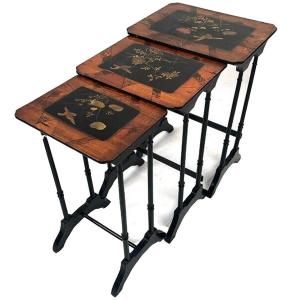 Series Of Three Nesting Tables, Lacquer Decorated With Trendy Birds And Marquetry. Circa 1900