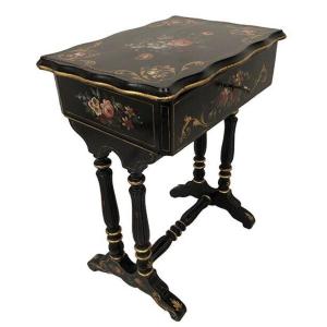 Napoleon III Worker, Black Lacquered Wood And Painted Flower Decor