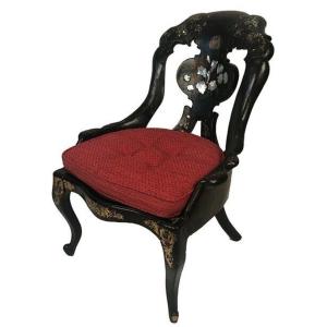 Napoleon III Gondola Chair In Black And Burgundy Lacquered Wood And Paper Mache