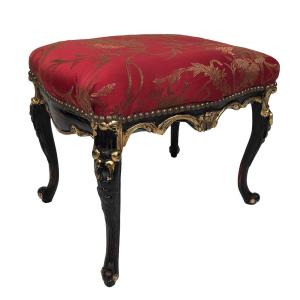 Stool In Carved And Lacquered Black And Gold Wood, Louis XV Style And Chinese Inspiration