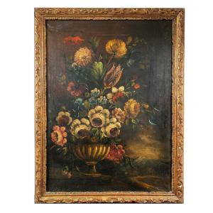 19th Century Dutch School, Oil On Canvas. “bouquet Of Flowers On An Entablature”.