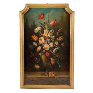 Nature Morte Au Bouquet De Fleurs. Ecole Italienne XXe Dans Le Goût Du XVIIe, Huile Sur Toile