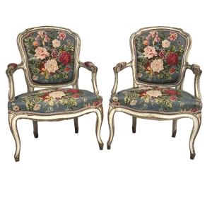 Pair Of Louis XV Style Cabriolet Armchairs, White Lacquered Wood