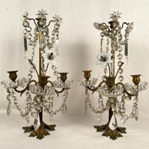 Pair Of Candlesticks With Tassels And Flowers In White Porcelain