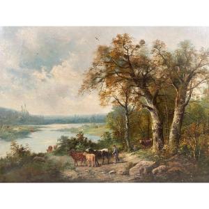 “landscape With Cows”, Large Oil On Canvas 19th Century Signed E.perrier