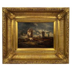 19th Century Dutch School, “animated Landscape At The Moulins”. Oil On Panel