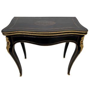 Console Napoléon III Formant Table à Jeux, Bois Noirci Et Marqueterie De Laiton