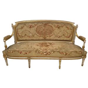 Banquette De Style Louis XVI, Bois Laqué Blanc Et Doré, Garnie De Tapisserie