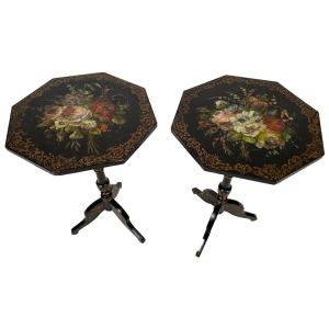 Pair Of Small Black Lacquered Wood Gueridons With Painted Flower And Mother-of-pearl Decorations, Napoleon III