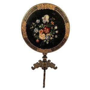 Napoleon III Tilting Pedestal Table, Black Lacquered Wood With Painted Flower And Mother-of-pearl Decor