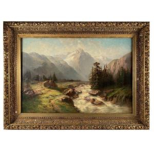 Jean-marie Reignier (1815-1886), Grande Huile Sur Panneau. « Paysage De Montagne »