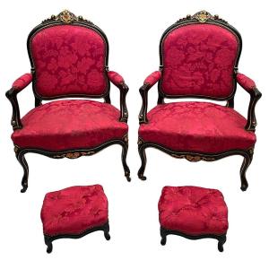 Pair Of Napoleon III Armchairs And Their Footrest, Black Lacquered Wood And Gold Trim