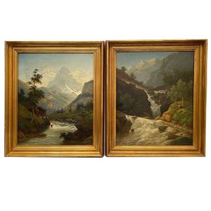 Carl Ludwig Schmitz, Pair Of Oil Paintings On Canvas. Mountain Landscapes, 19th Century