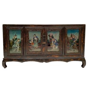 China Early 20th Century, Low Sideboard Opening With Four Doors Decorated With Glass Fixings