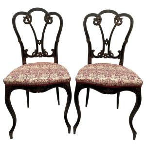 Pair Of Napoleon III Chairs, Blackened Wood And Gold Decoration