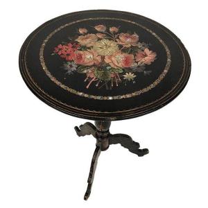 Napoleon III Pedestal Table, Top With Painted Flower And Burgot Decor