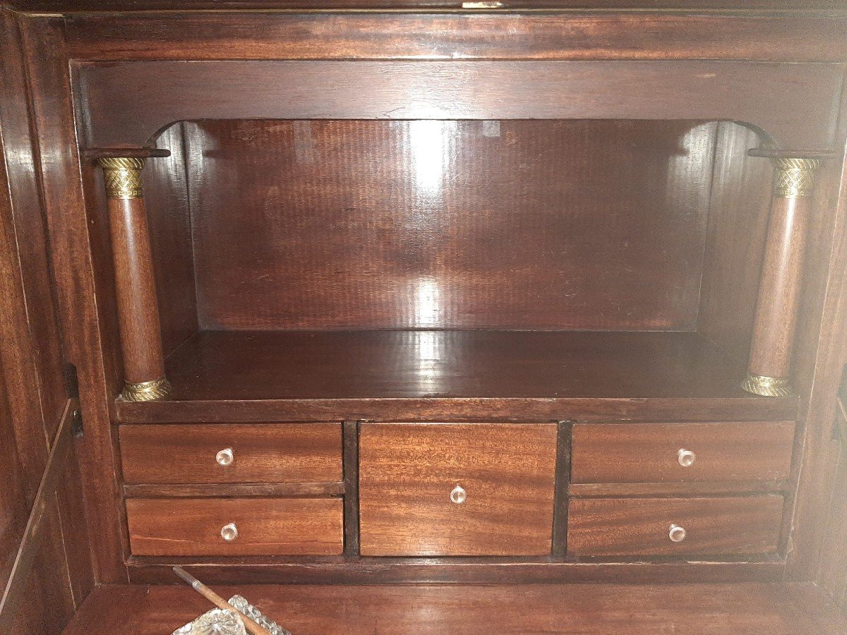 Empire Period Secretary, Fruitwood And Gilt Bronze, Veined Marble Top, 19th Century-photo-4