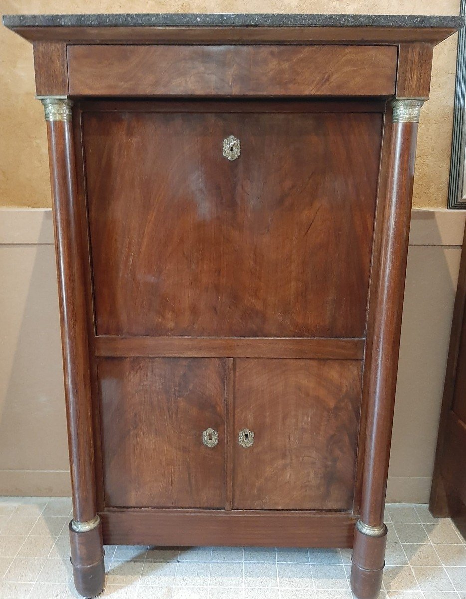 Empire Period Secretary, Fruitwood And Gilt Bronze, Veined Marble Top, 19th Century