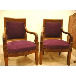 Pair Of Empire Armchairs In Cherry Wood - 19th Century