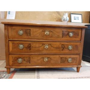 Very Beautiful Louis XVI Style Chest Of Drawers In Burl Walnut And Cherry Wood - Late 18th Century Period