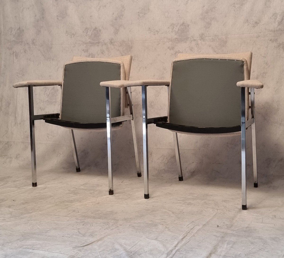 Pair Of Folding Seat Armchairs - Fritz Hansen - Chromed Metal - Ca 1970-photo-2