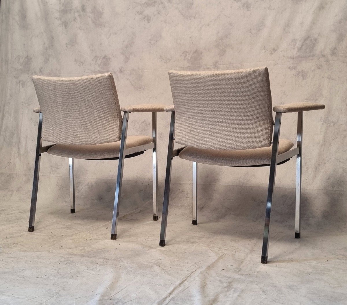 Pair Of Folding Seat Armchairs - Fritz Hansen - Chromed Metal - Ca 1970-photo-3