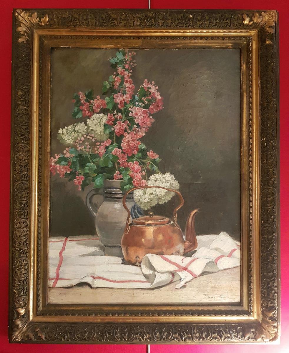 Oil On Canvas - Still Life - Tellière In Copper - Illegible Signature - 19th