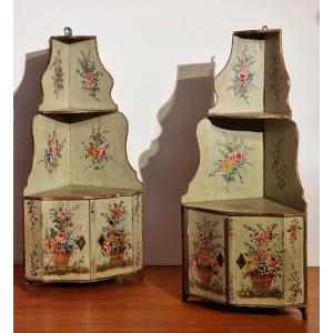 Pair Of Louis XV Period Wall Corner Cabinets - Painted Wood - 18th Century 