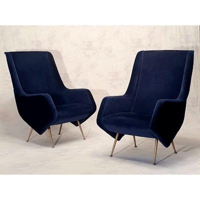 Paire De Fauteuils Italiens - Aldo Morbelli Pour Isa Bergamo - Bleu Nuit - Ca 1950