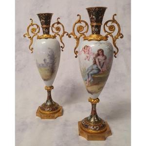 Pair Of Vases Signed Sylvi - Sèvres Porcelain & Gilt Bronze - 19th